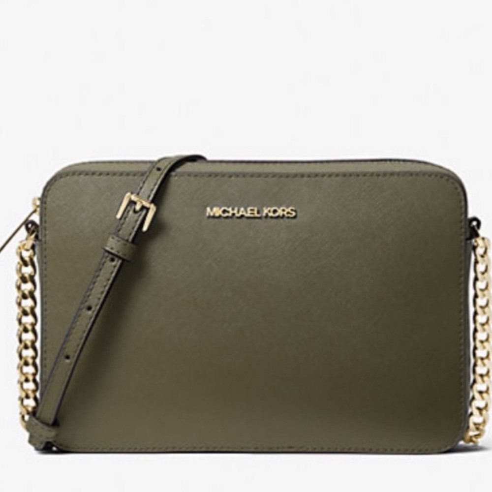 Michael Kors Jet Set Large East West Olive Leather Crossbody Handbag Purse